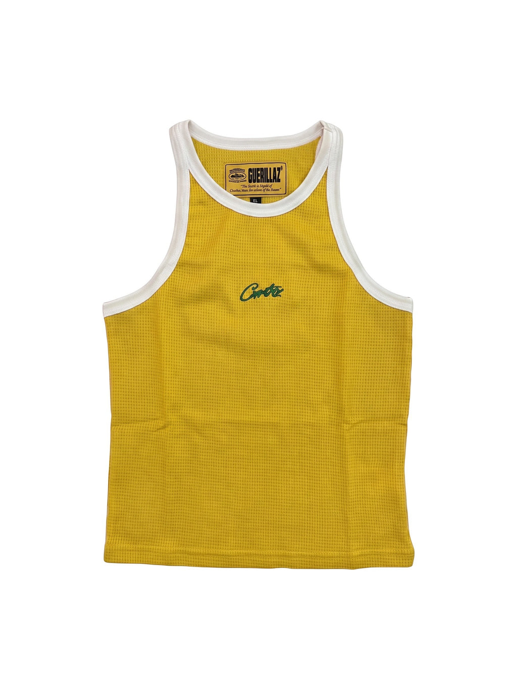 Camiseta de tirantes amarilla The Hype Company Corteiz con ribetes blancos y logo bordado en verde