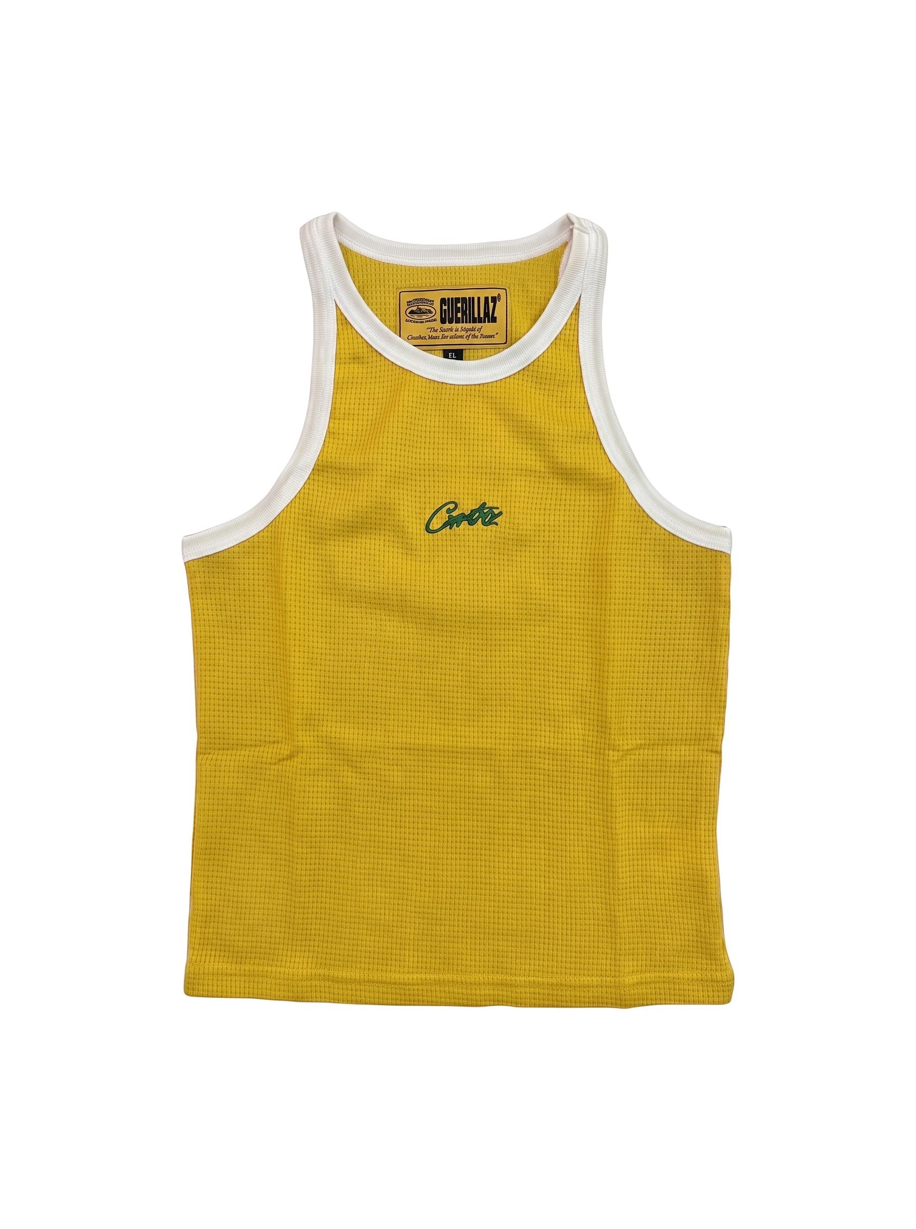 Camiseta de tirantes amarilla The Hype Company Corteiz con ribetes blancos y logo bordado en verde