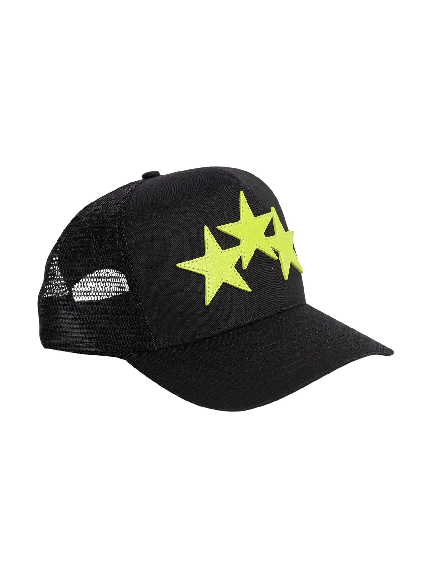 Gorra trucker negra The Hype Company con tres estrellas amarillas neón en el panel frontal y malla trasera