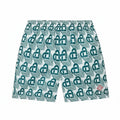 The Hype Company green monogram swim shorts with a white background and a repeating pattern of interlocking green shapes.