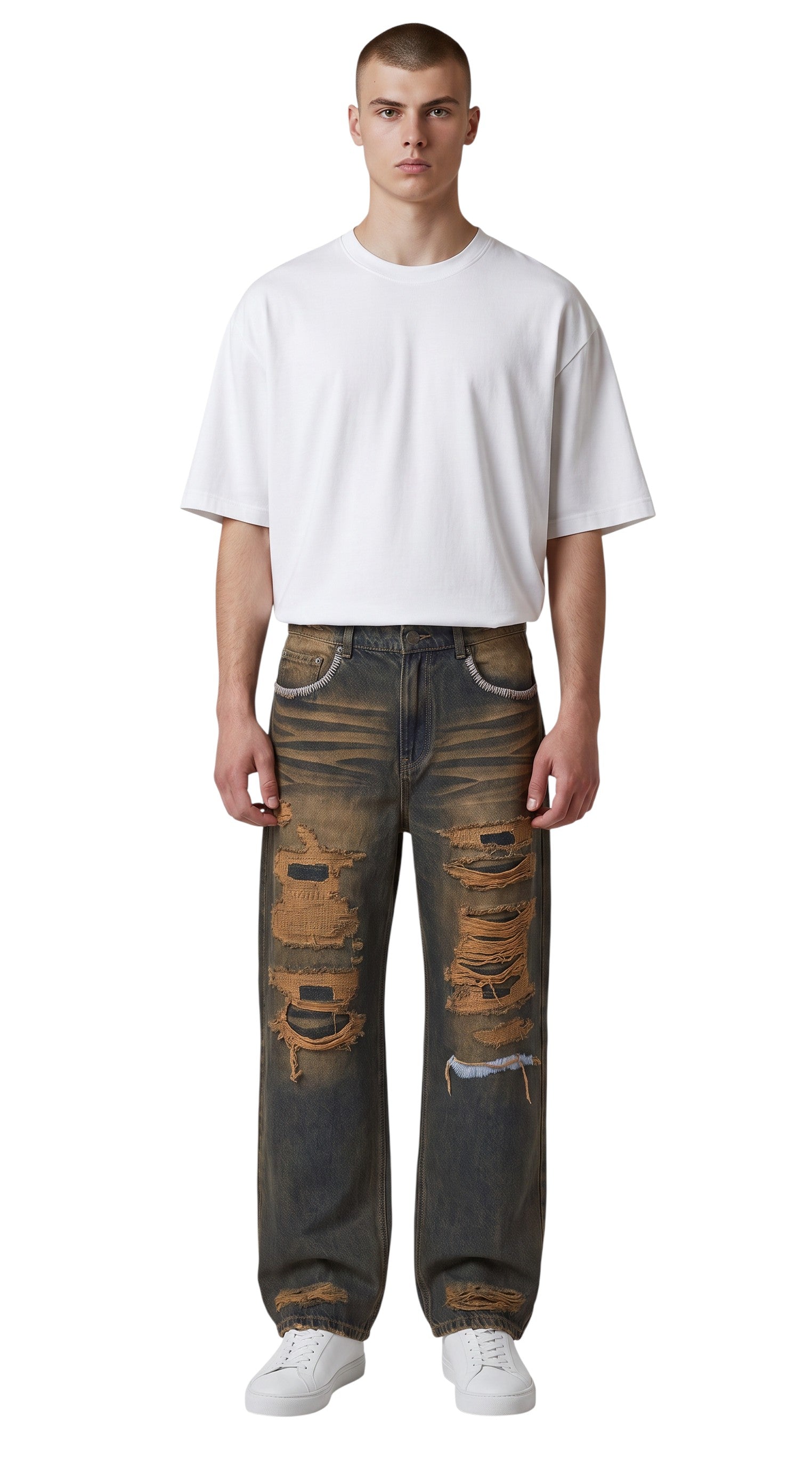 Modelo vistiendo jeans The Hype Company Valley Thrashed de mezclilla azul con efecto desgastado y roturas