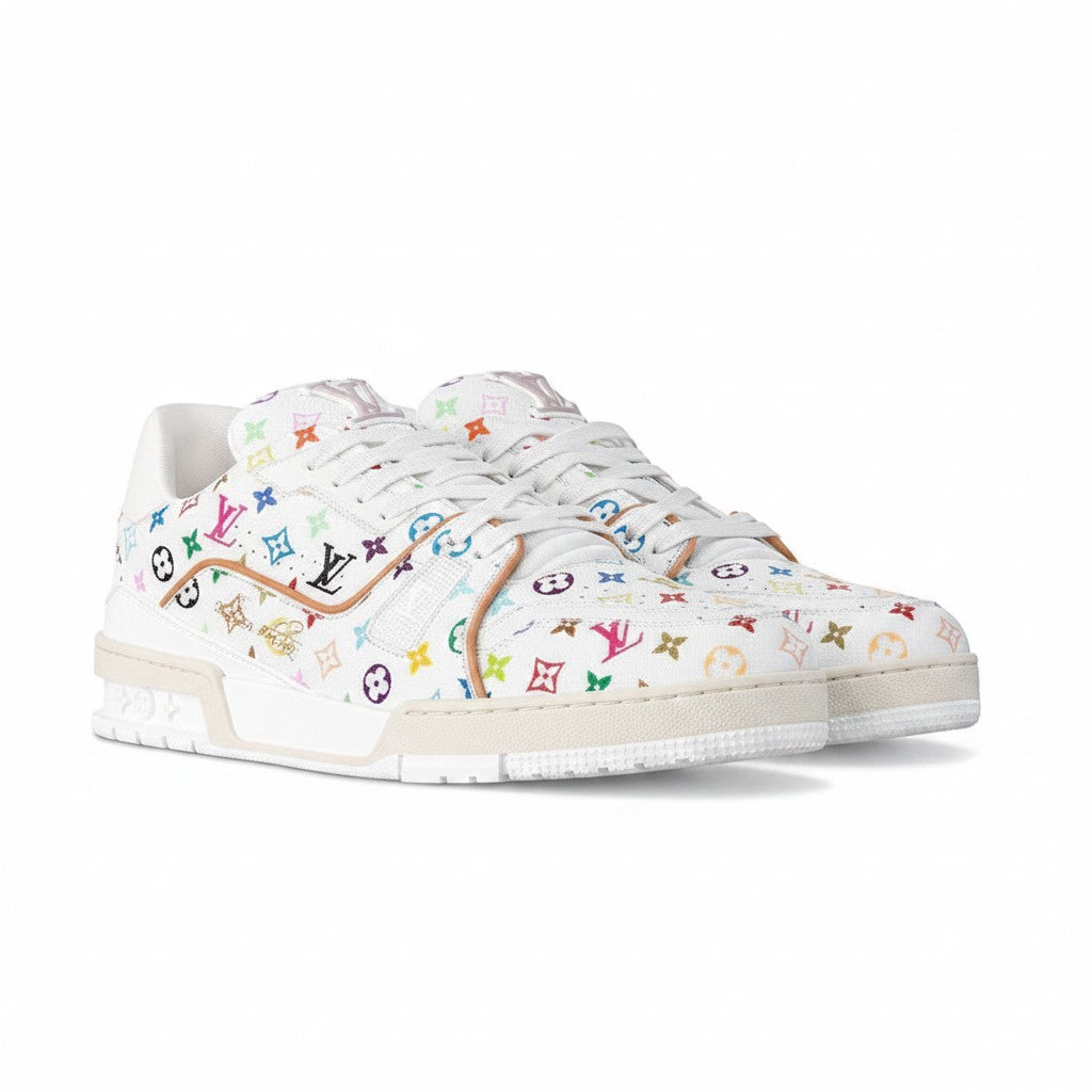 Tenis The Hype Company Louis Vuitton Trainer Murakami en piel blanca con estampado Monograma multicolor y suela goma