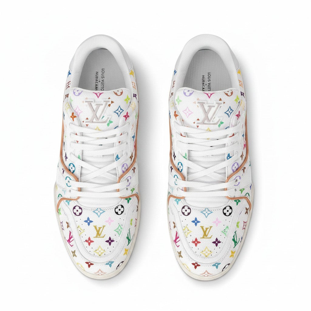 Tenis The Hype Company Louis Vuitton Trainer Murakami en piel blanca con estampado Monograma multicolor