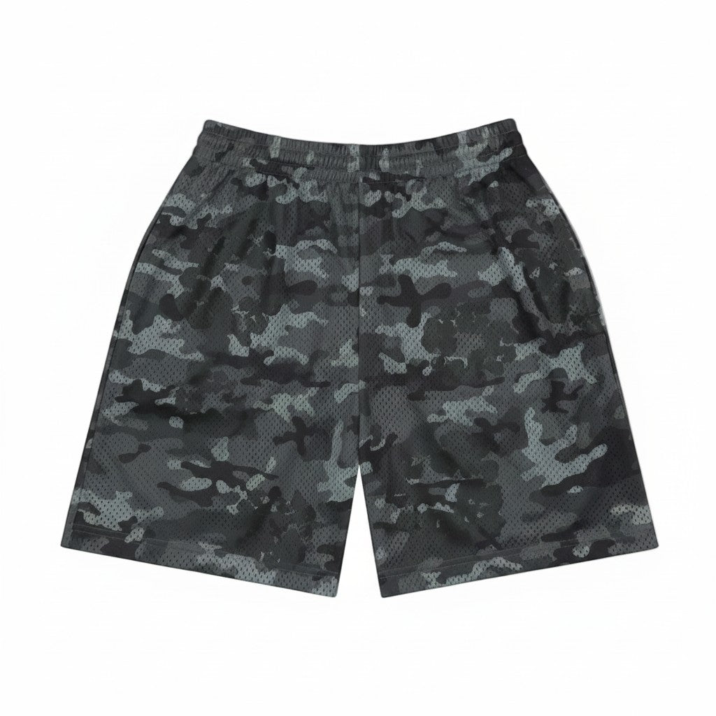 The Hype Company pantalones cortos de malla negros con estampado de camuflaje y corona de algodón.