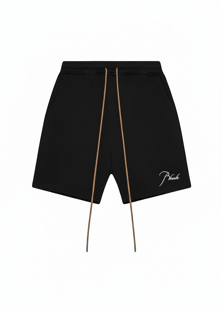 Pantalones cortos de chándal negros The Hype Company con logo bordado en blanco y cordones largos en color camel
