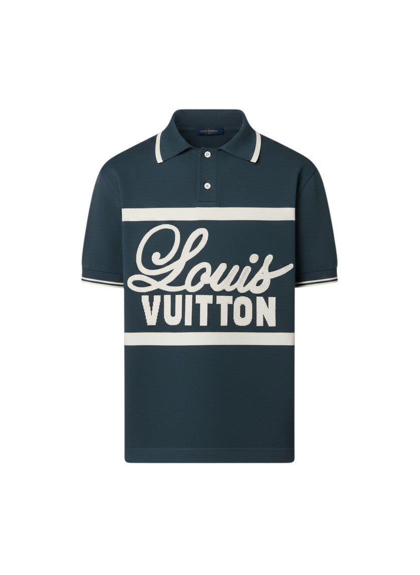Polo de punto azul The Hype Company con logo Louis Vuitton en blanco y detalles de rayas en cuello y mangas