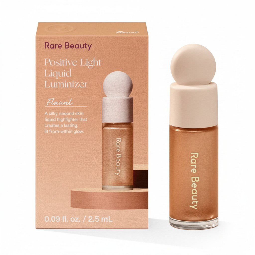 The Hype Company: Rare Beauty Mini Positive Light Liquid Luminizer in shade Flaunt, a liquid highlighter with a golden shimmer.