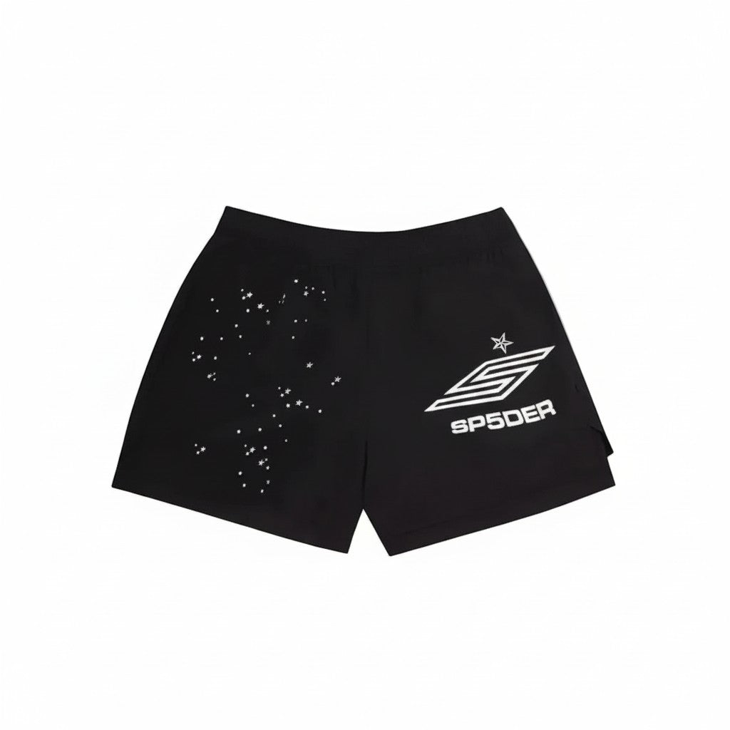 The Hype Company SP5DER PRO TRACK SHORTS BLACK with star print and logo.