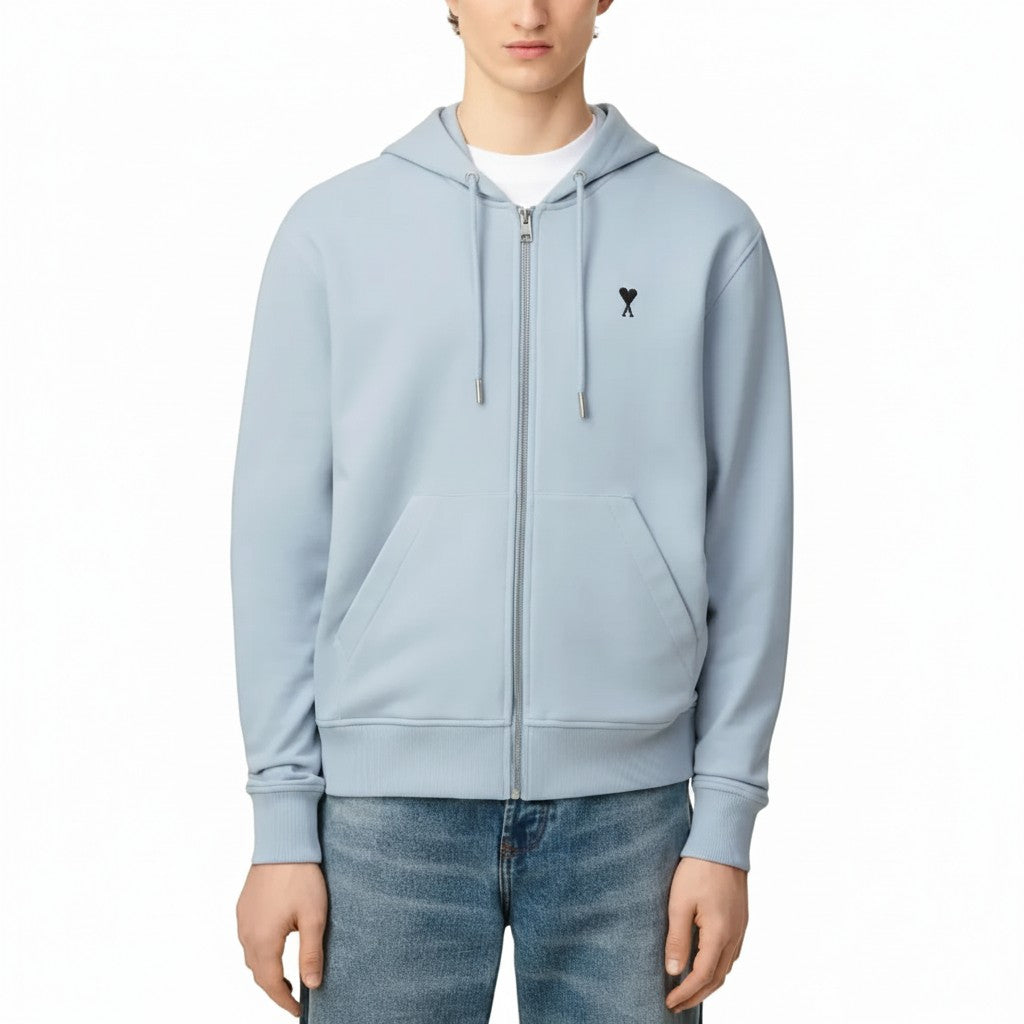 The Hype Company sudadera con cremallera azul claro de algodón con logo AMI DE COEUR negro bordado en el pecho.