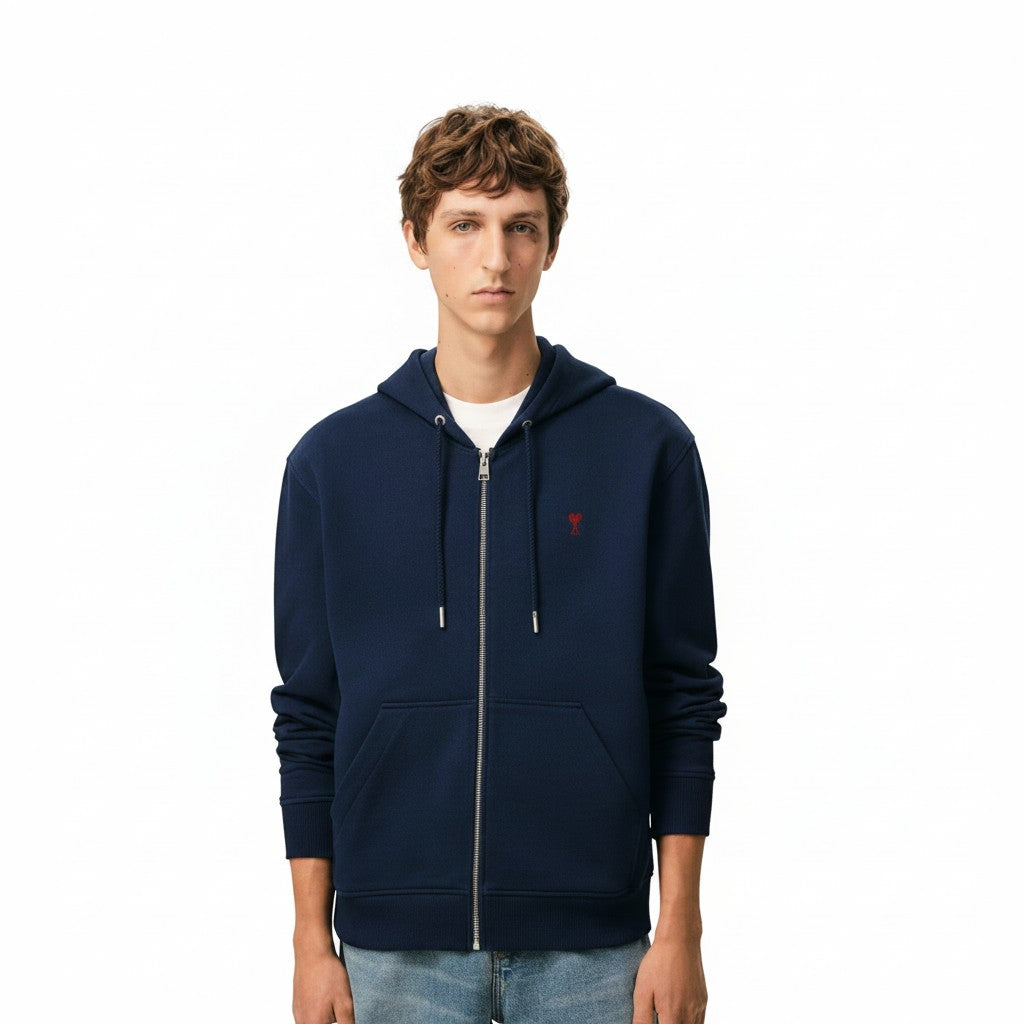 The Hype Company sudadera con cremallera azul marino de algodón con logo de corazón rojo bordado.