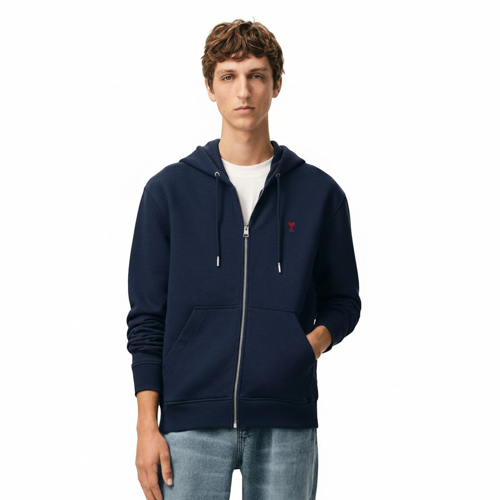 The Hype Company sudadera con capucha azul marino de algodón con cremallera y logo de corazón rojo bordado.