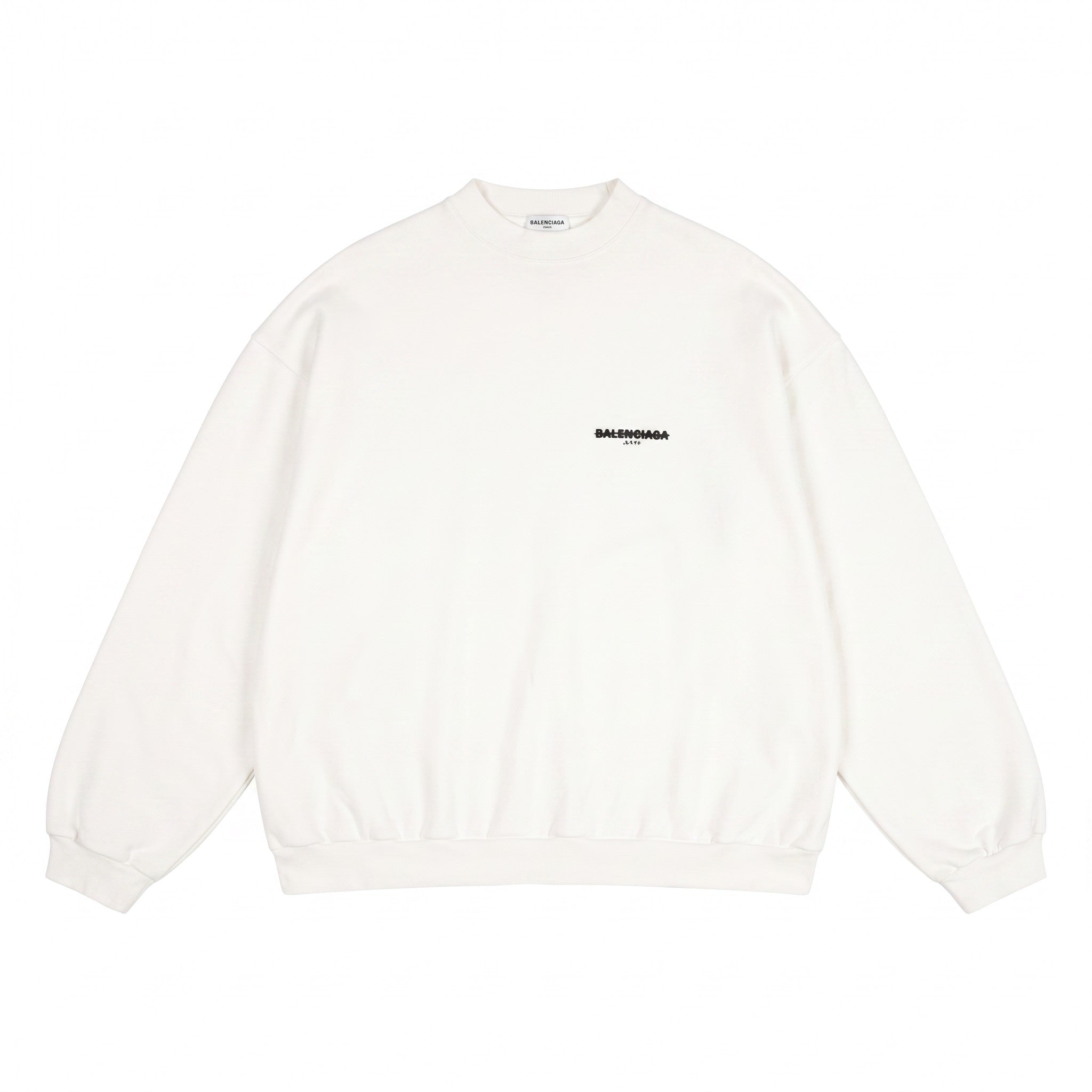 Sudadera blanca de cuello redondo Balenciaga Striker con logo negro en el pecho, de The Hype Company