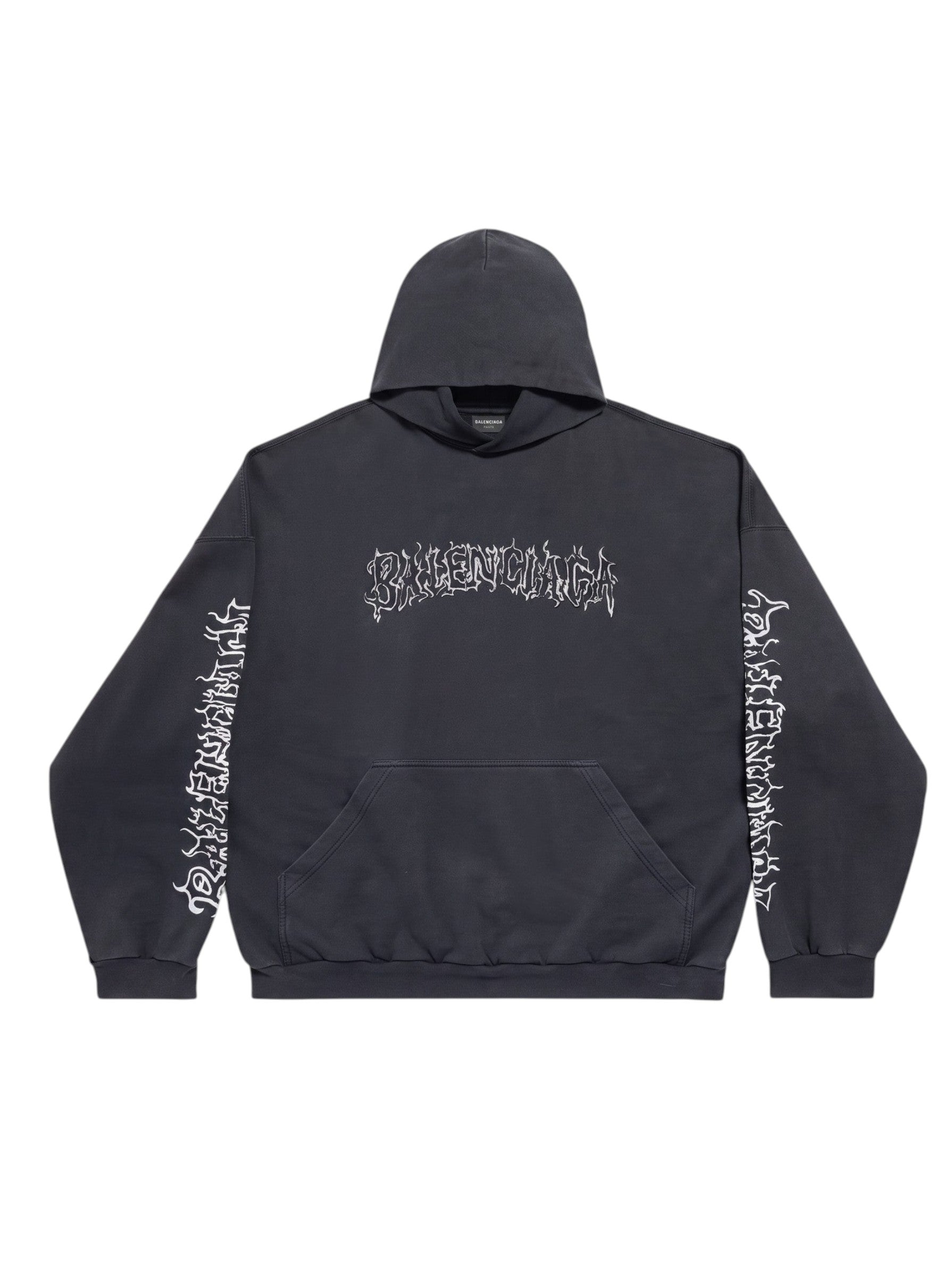Sudadera negra con capucha Balenciaga DIY Metal de The Hype Company con estampado estilo heavy metal en pecho y mangas
