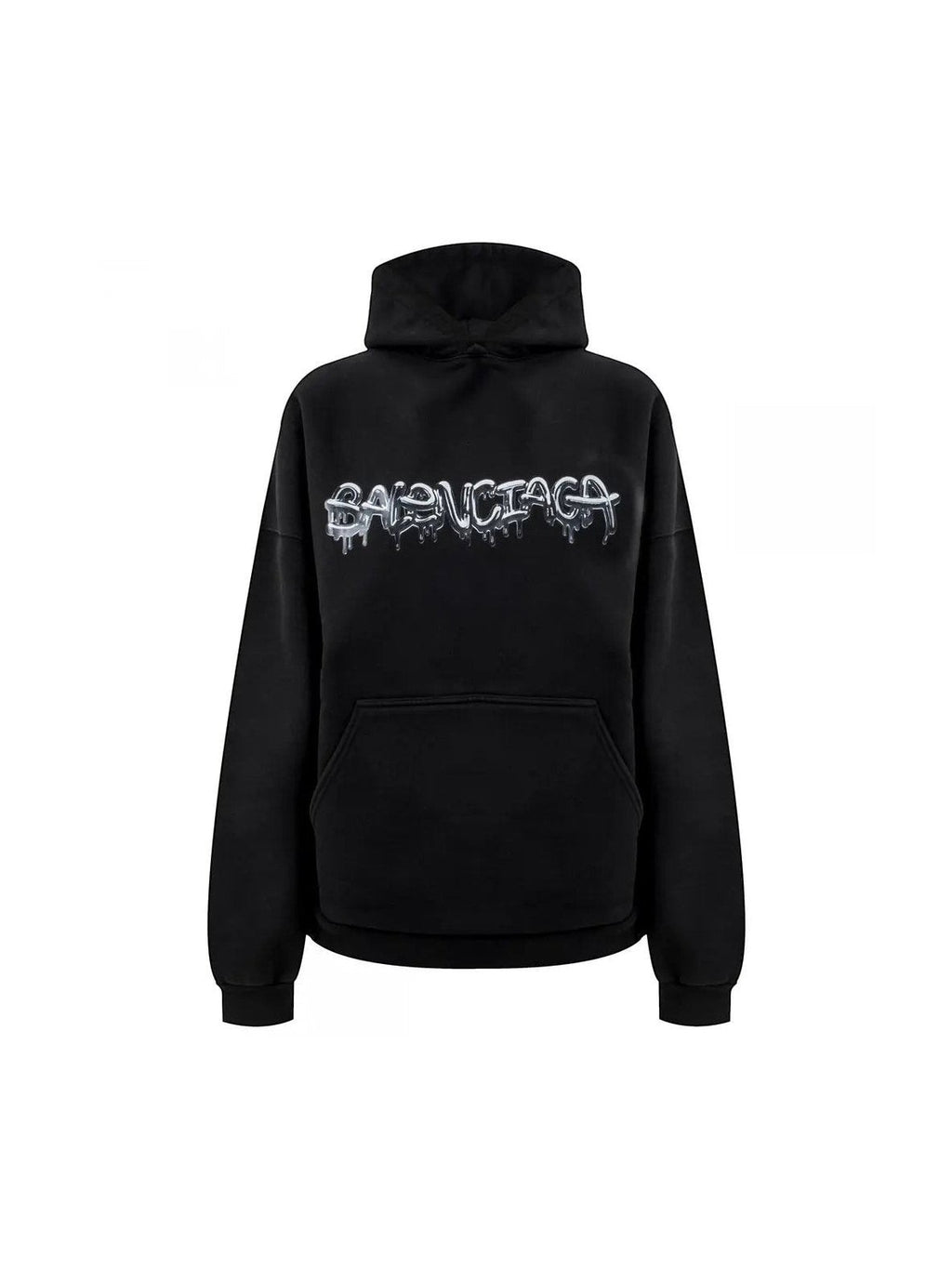 Sudadera negra con capucha Balenciaga de The Hype Company con logo metálico líquido plateado en el pecho