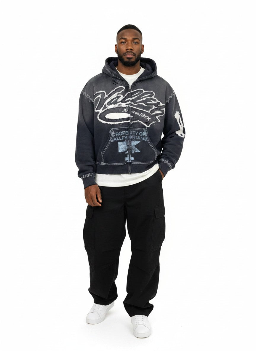Sudadera con cremallera The Hype Company negra con estampado gráfico desgastado y costuras visibles