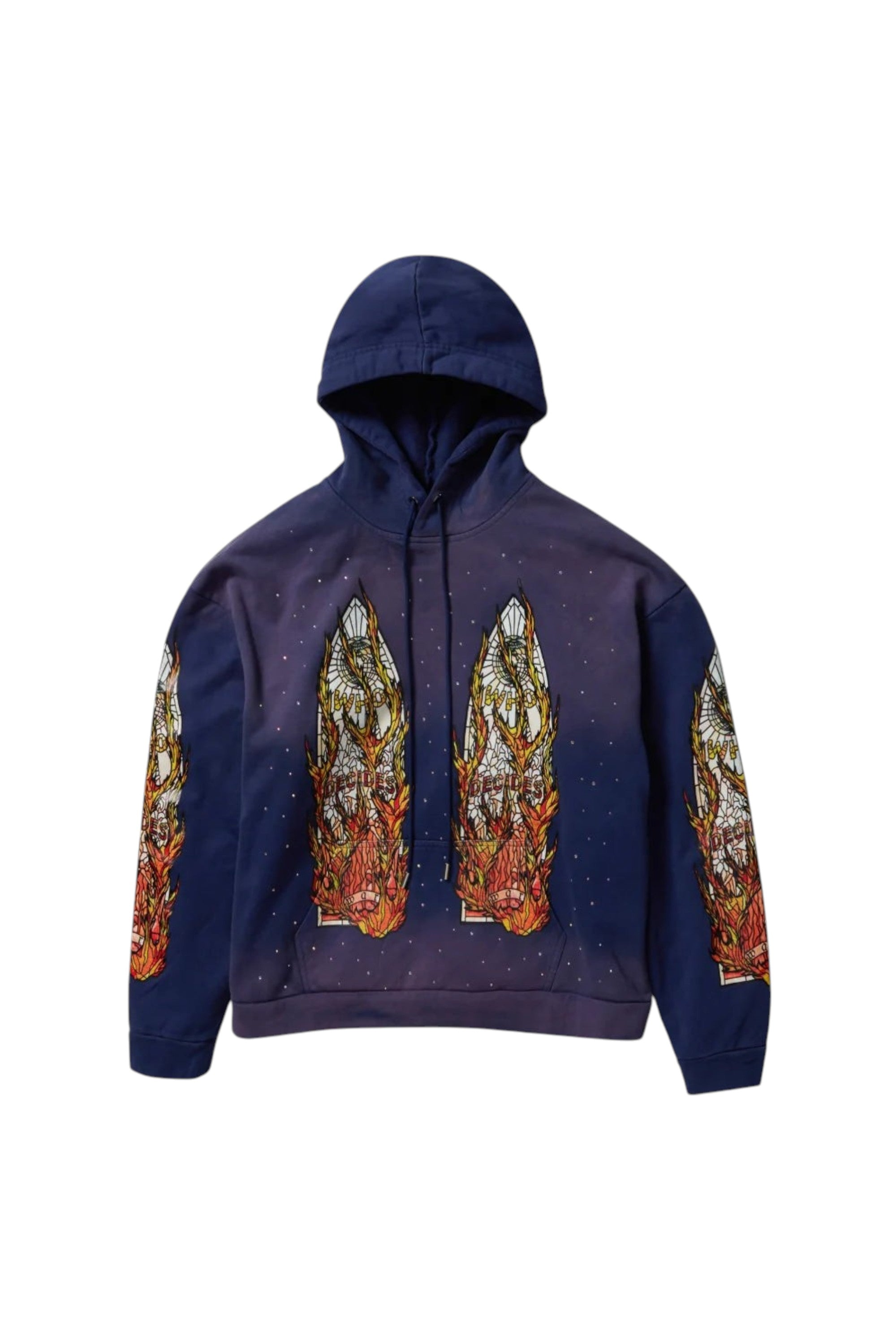 Sudadera con capucha The Hype Company de color morado con estampado de llamas y vitrales en el frente y mangas