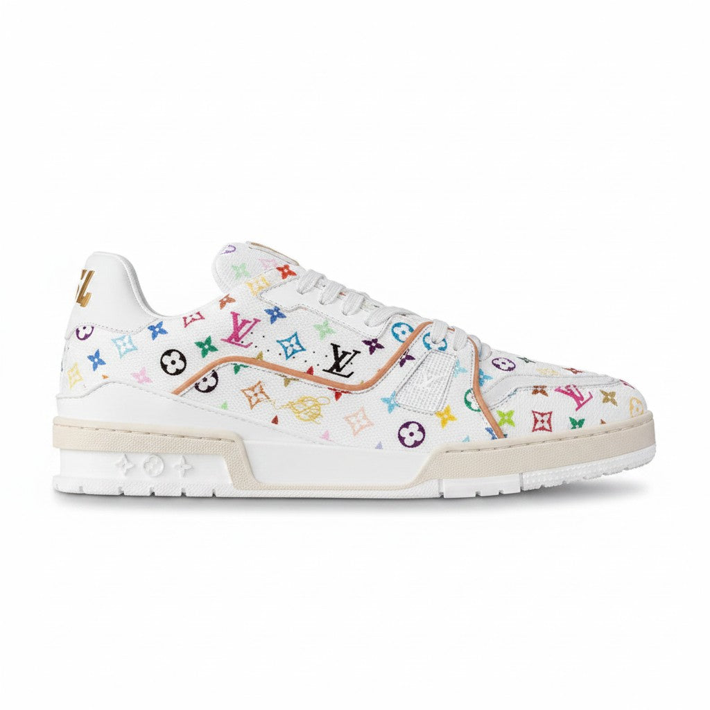 Tenis The Hype Company Louis Vuitton Trainer Murakami en piel blanca con estampado Monograma multicolor y suela goma