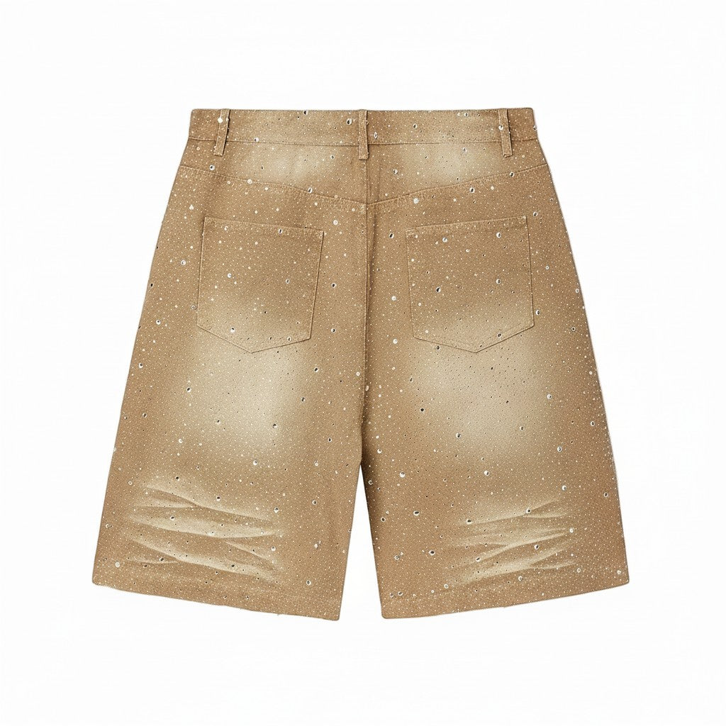 The Hype Company VALLEY RAINSTORM CRYSTAL JORTS SANDSTORM, vaqueros cortos de color arena con detalles de cristales brillantes y efecto desgastado.