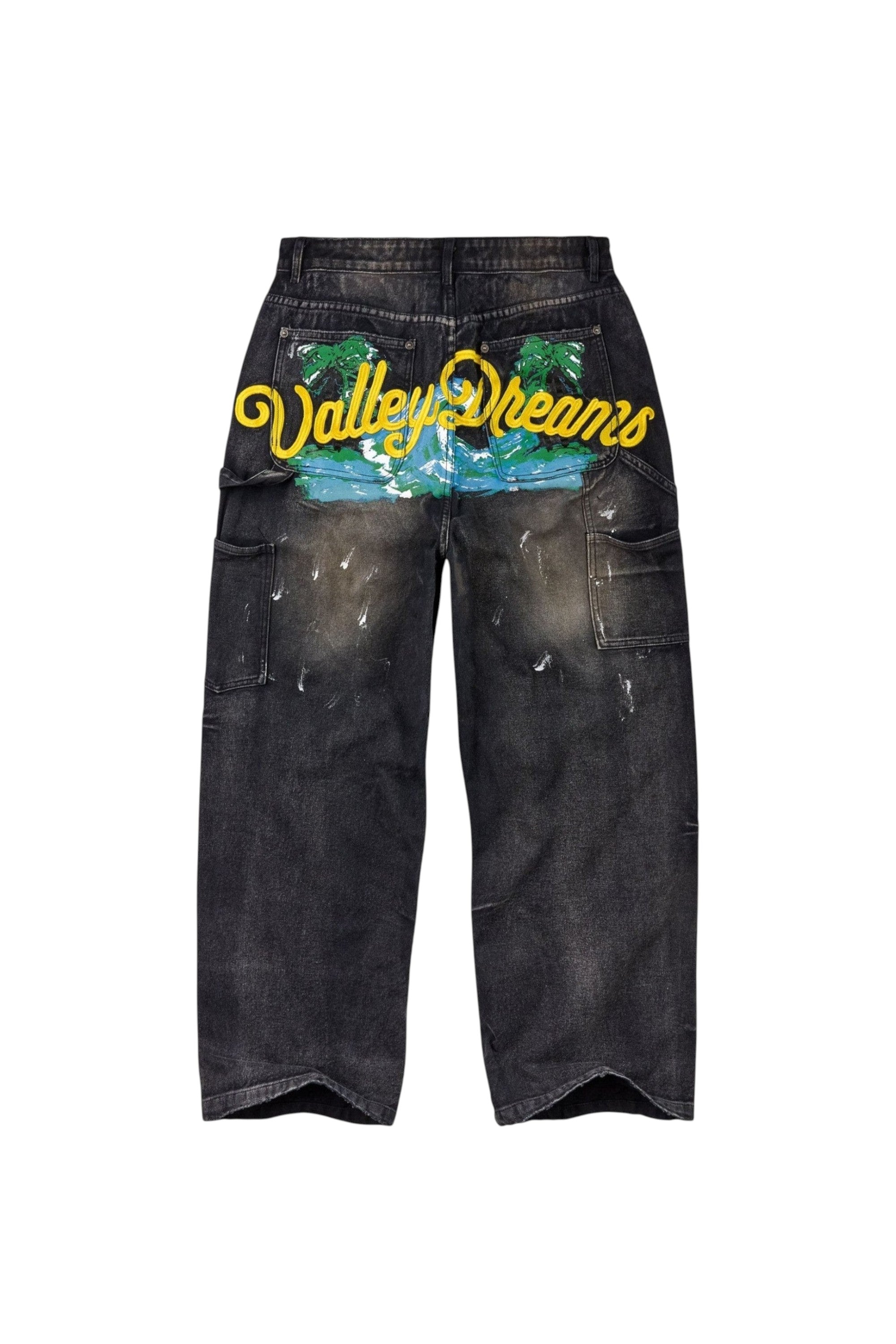 Pantalones vaqueros negros The Hype Company con estampado gráfico de palmeras y letras amarillas en la parte trasera