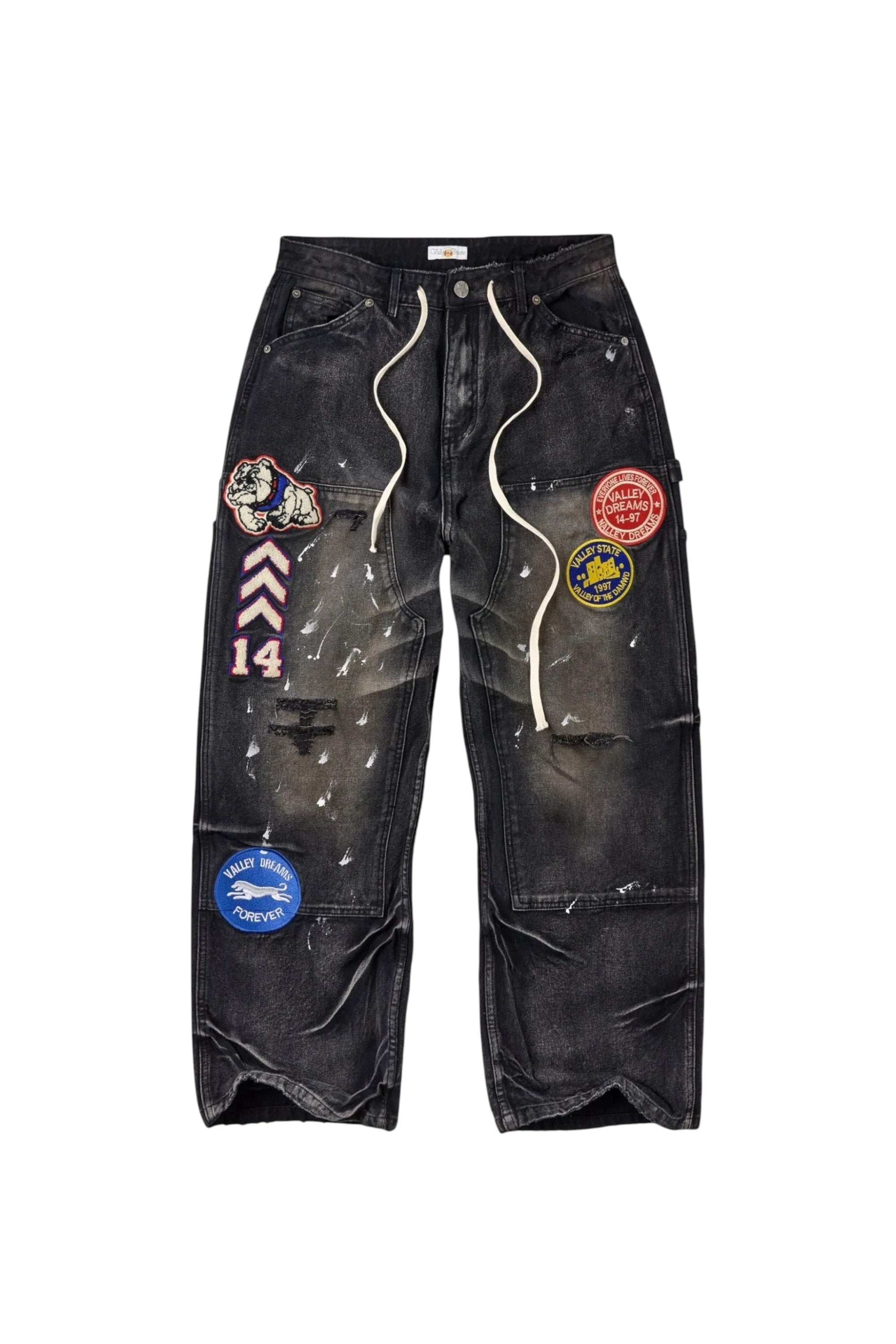 Pantalones vaqueros negros The Hype Company con parches decorativos, efecto desgastado y salpicaduras de pintura blanca