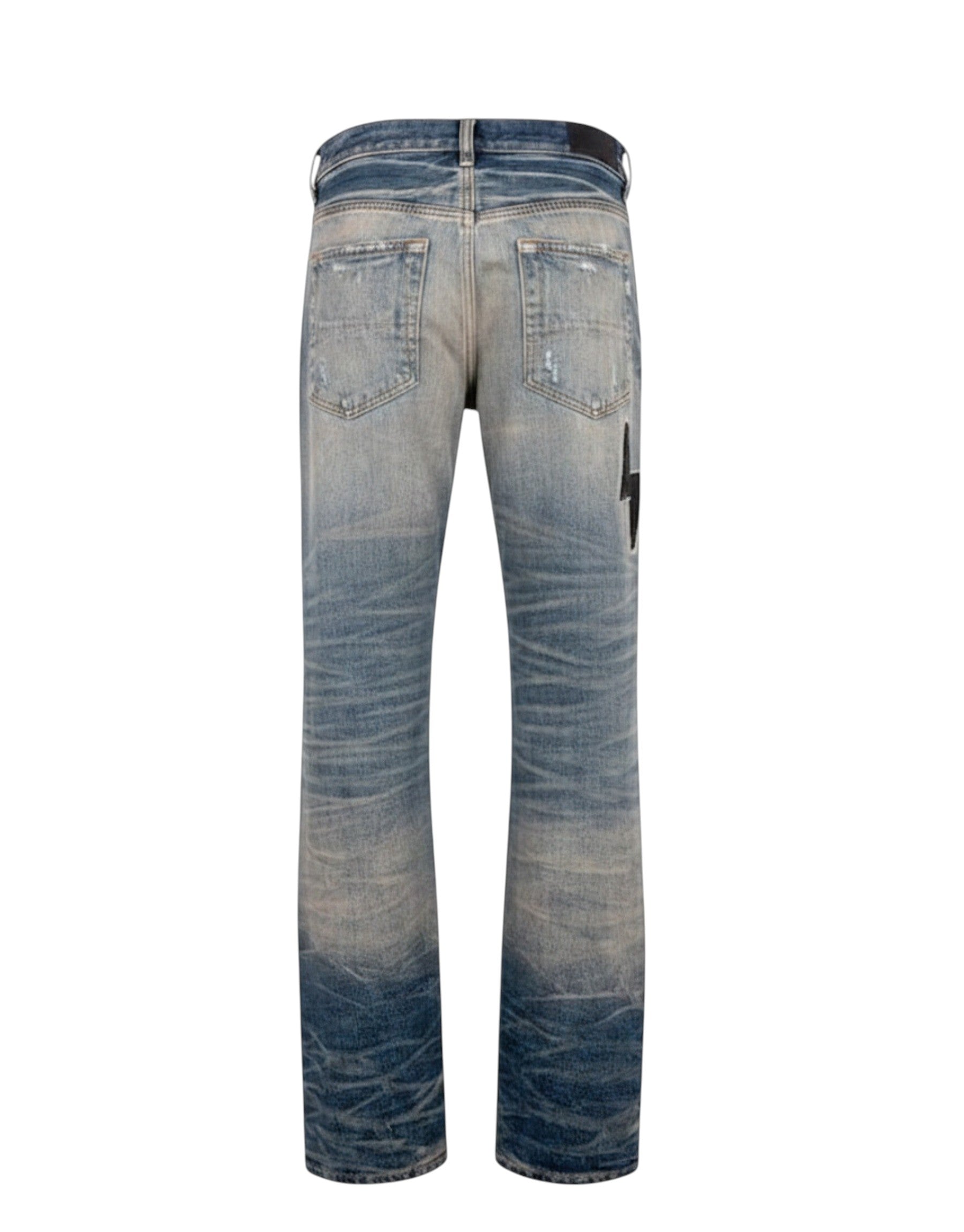 Vaqueros rectos AMIRI Hockey de The Hype Company en denim azul desgastado con detalle de rayo en el bolsillo trasero