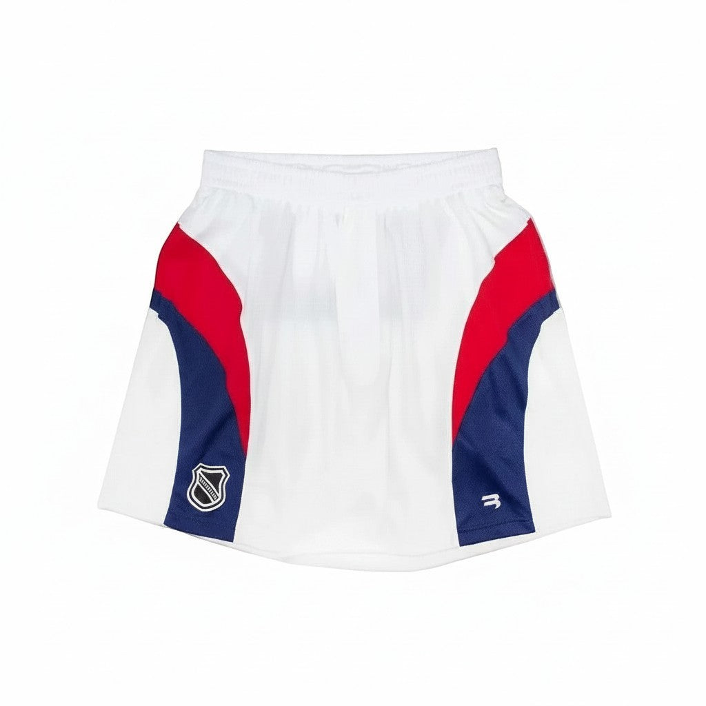 The Hype Company White hockey mesh shorts with red and blue panel details and a shield logo.