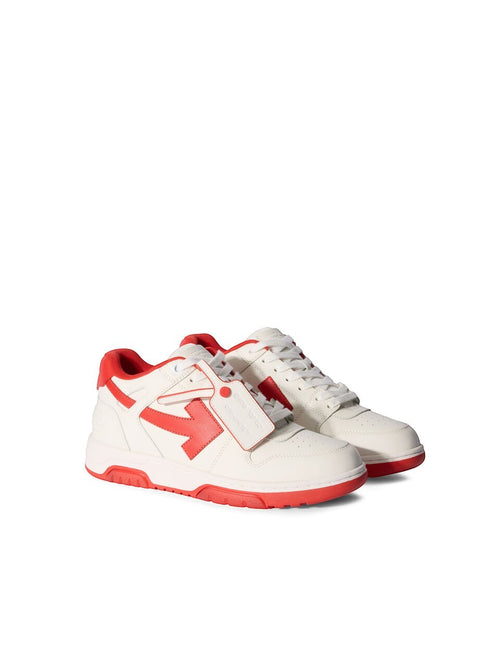 Zapatillas The Hype Company Off-White Out of Office en cuero blanco con detalles y suela en rojo vibrante