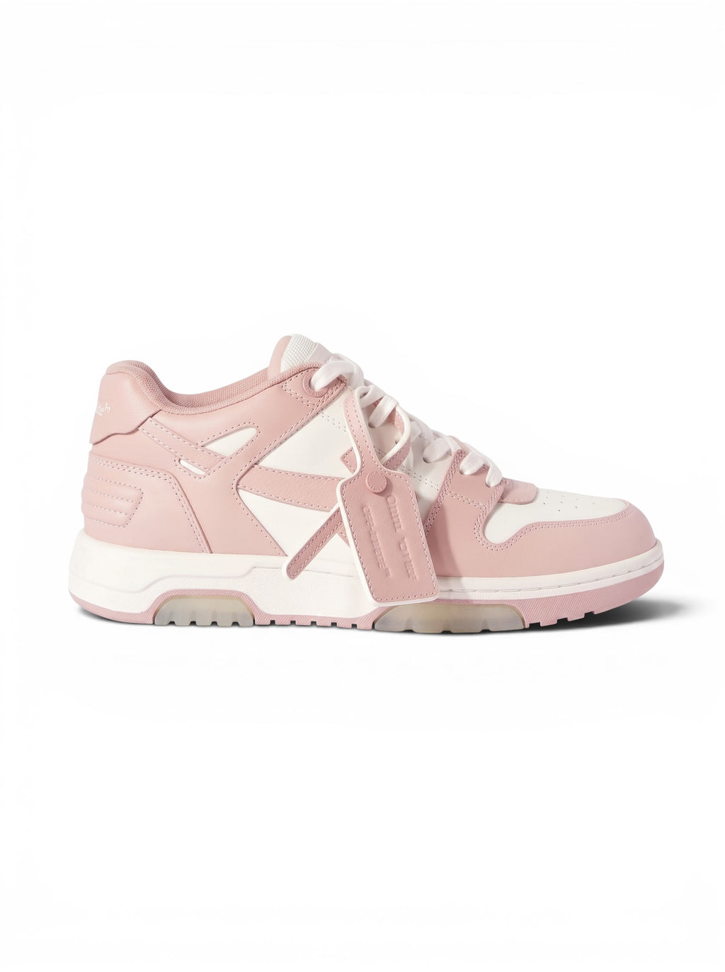 Zapatillas The Hype Company Off White Out of Office en cuero rosa y blanco con etiqueta distintiva