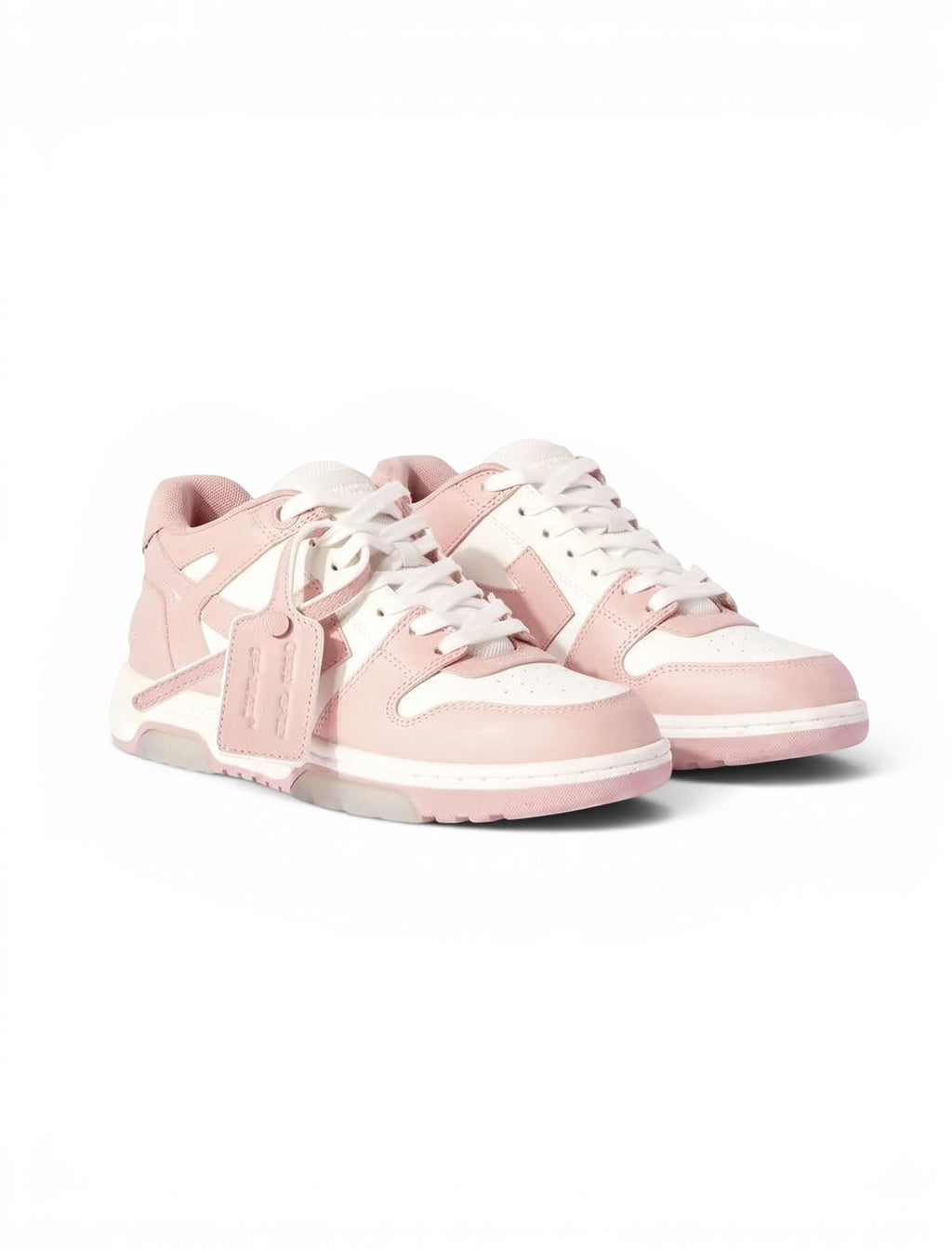 Zapatillas The Hype Company Off White Out of Office en cuero rosa y blanco con etiqueta distintiva