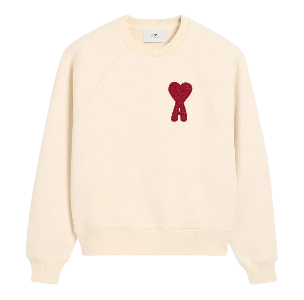 AMI PARIS PATCH HEART RED CREWNECK WHITE CREAM