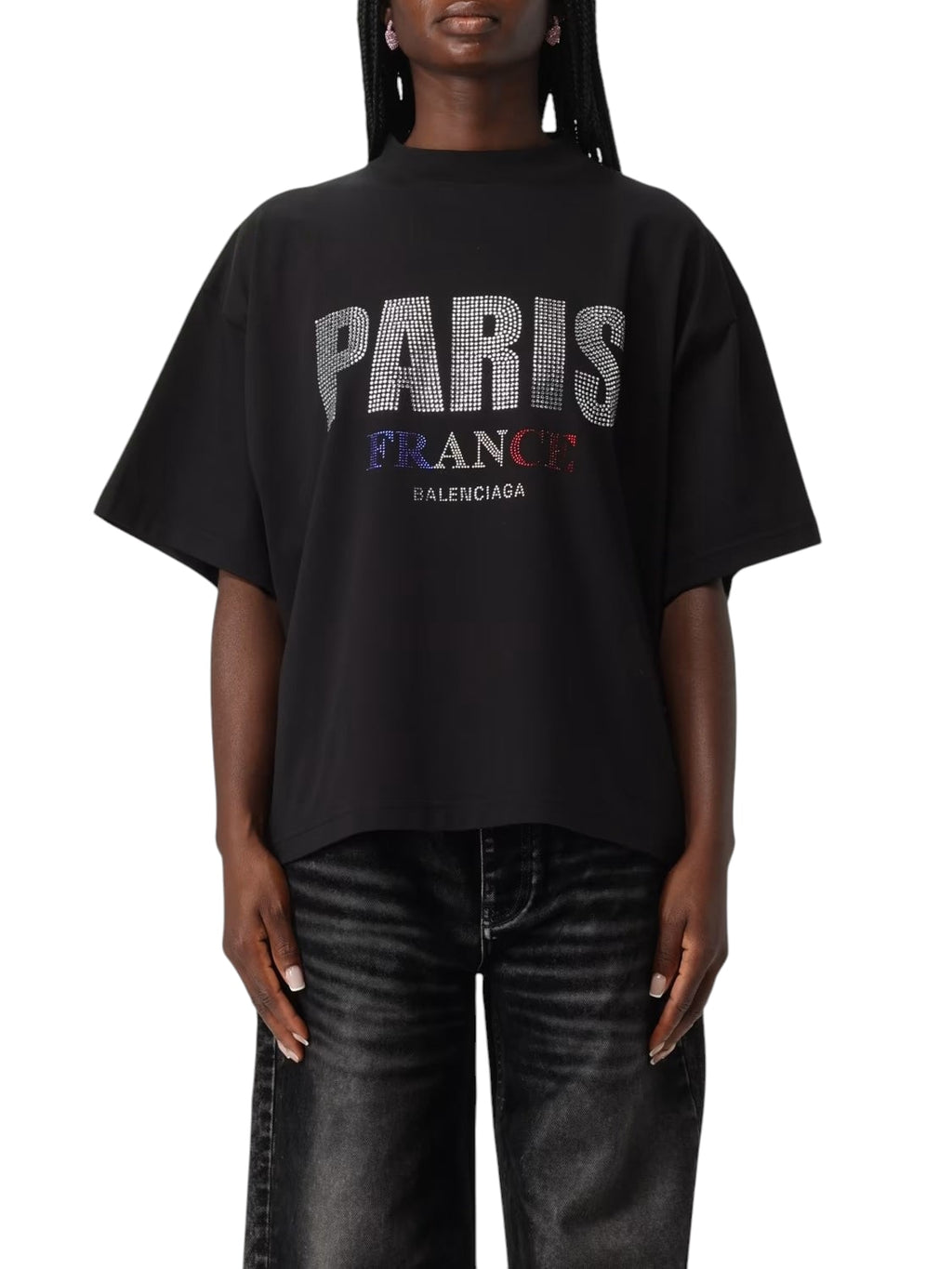 BALENCIAGA BLACK 'PARIS' STRASS JERSEY CROPP T-SHIRT