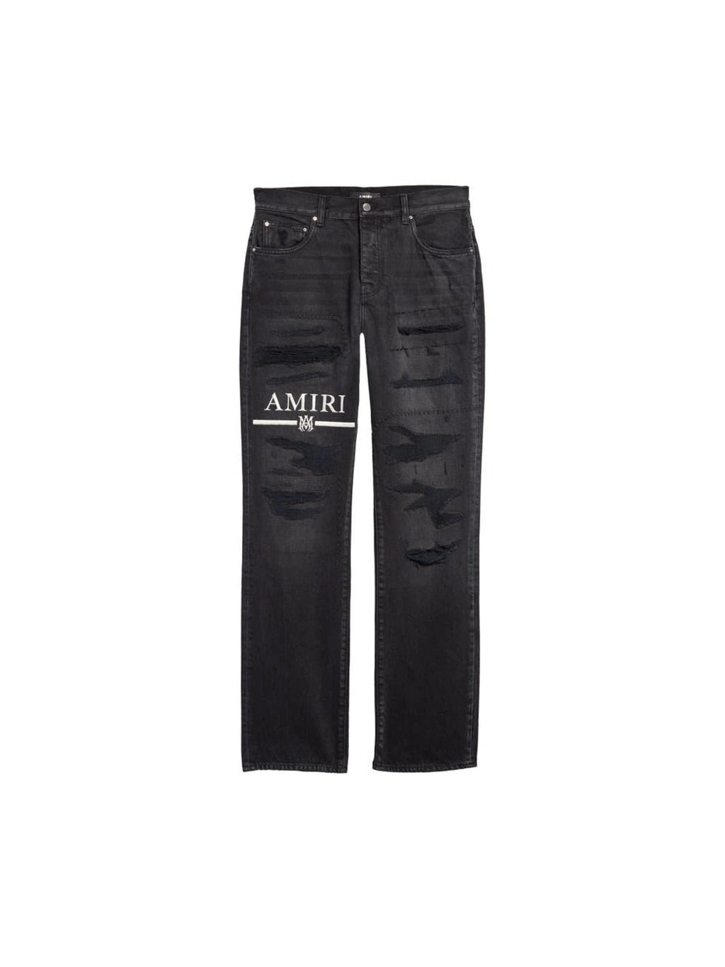 AMIRI MA BAR LOGO RIPPED & REPAIRED STRAIGHT LEG JEANS BLACK