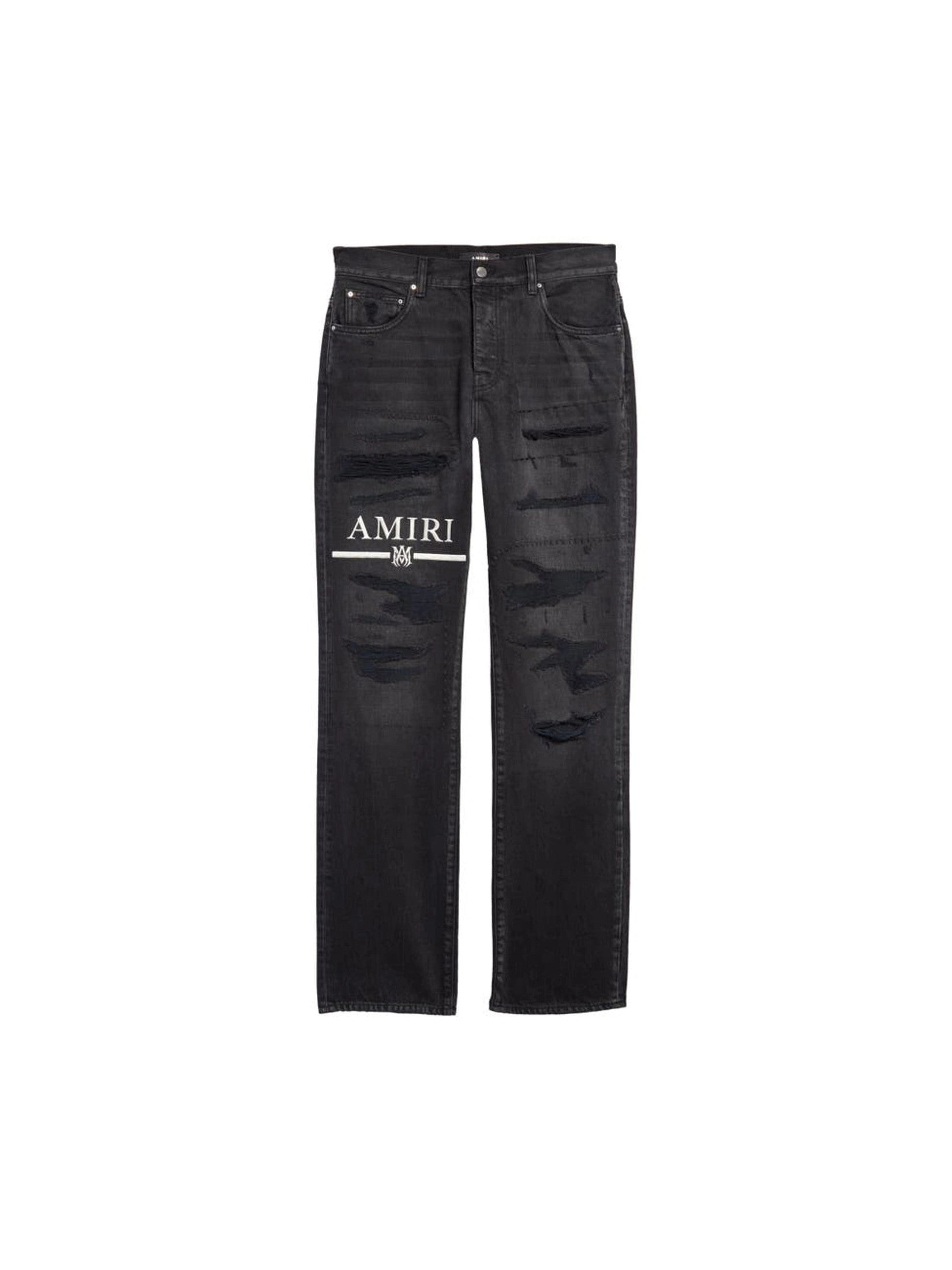 AMIRI MA BAR LOGO RIPPED & REPAIRED STRAIGHT LEG JEANS BLACK