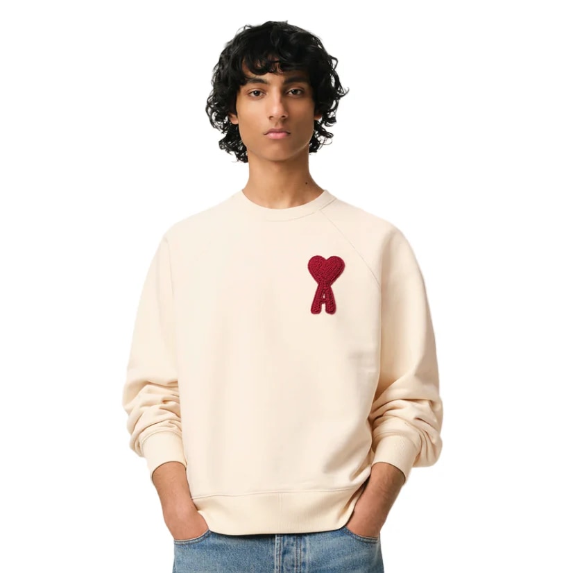 AMI PARIS PATCH HEART RED CREWNECK WHITE CREAM