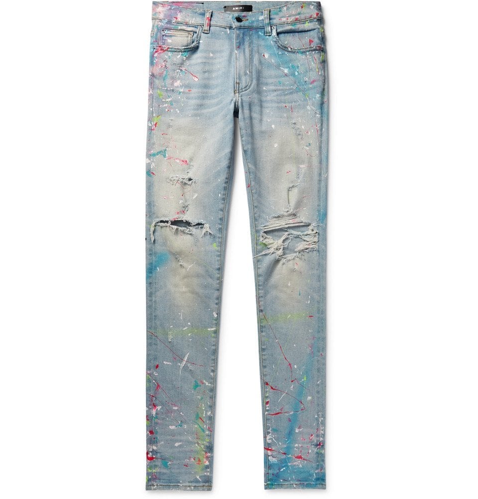 AMIRI INDIGO DISTRESSED PAIN SPLATTERED JEANS