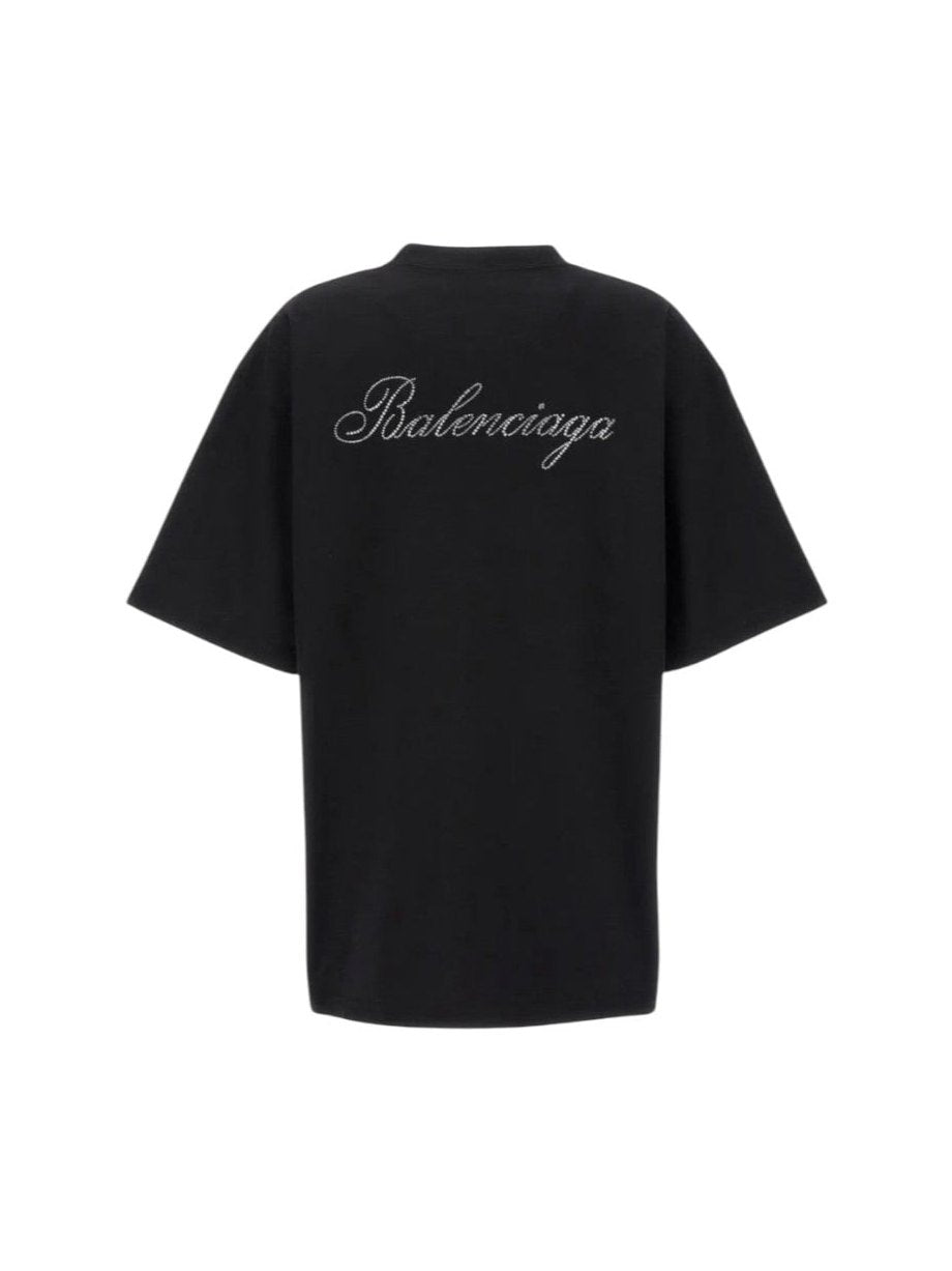BALENCIAGA HANDWRITTEN RHINESTONE BACK BLACK T-SHIRT