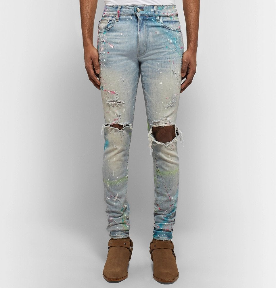 AMIRI INDIGO DISTRESSED PAIN SPLATTERED JEANS