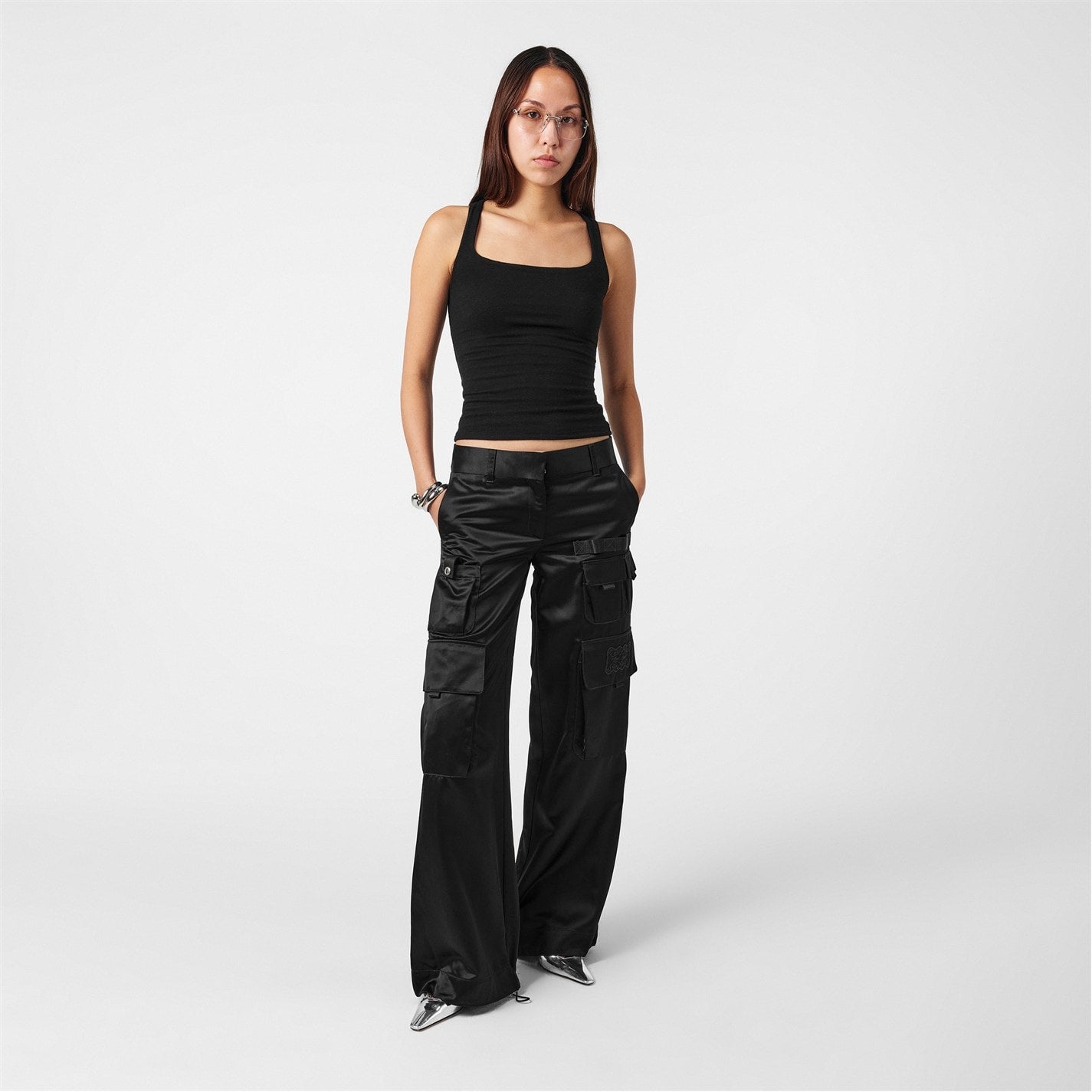 OFF-WHITE SATIN CARGO PANTS BLACK