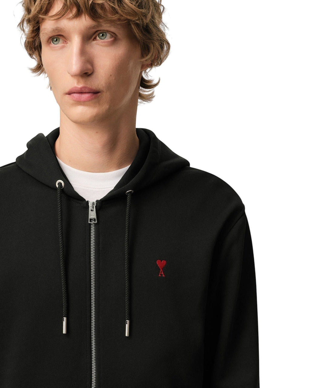 AMI PARIS BLACK COTTON RED AMI DE COEUR ZIP UP HOODIE