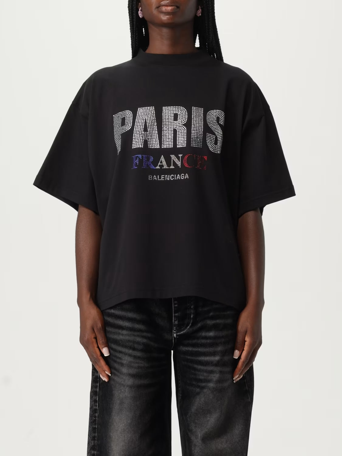 BALENCIAGA BLACK 'PARIS' STRASS JERSEY CROPP T-SHIRT