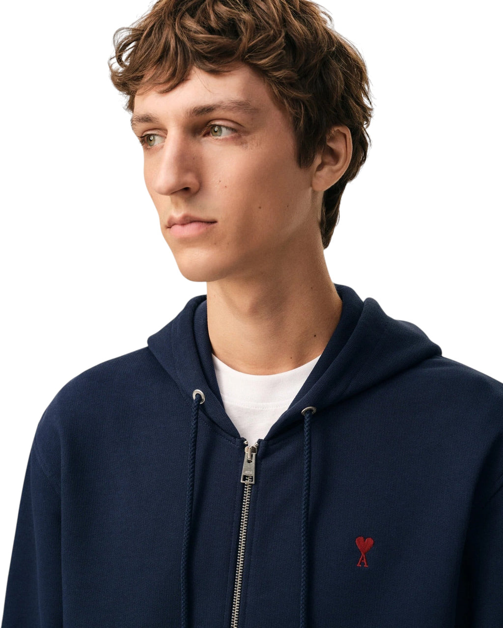 AMI PARIS BLUE COTTON RED AMI DE COEUR ZIP UP HOODIE