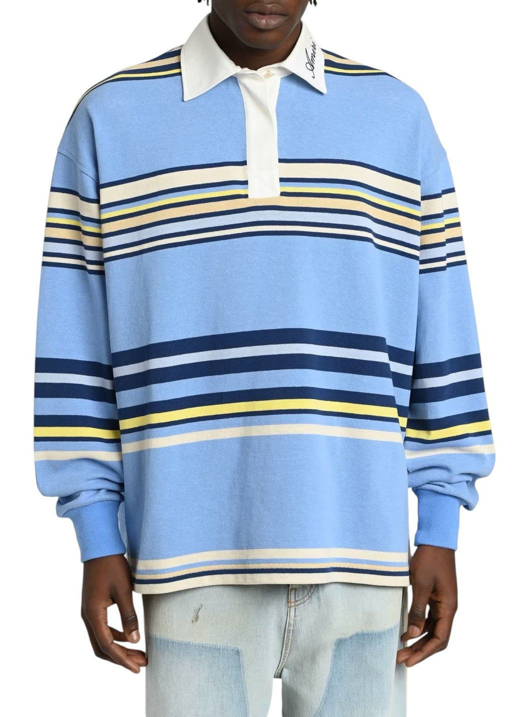 AMIRI MULTI STRIPE LONG SLEEVE POLO BLUE