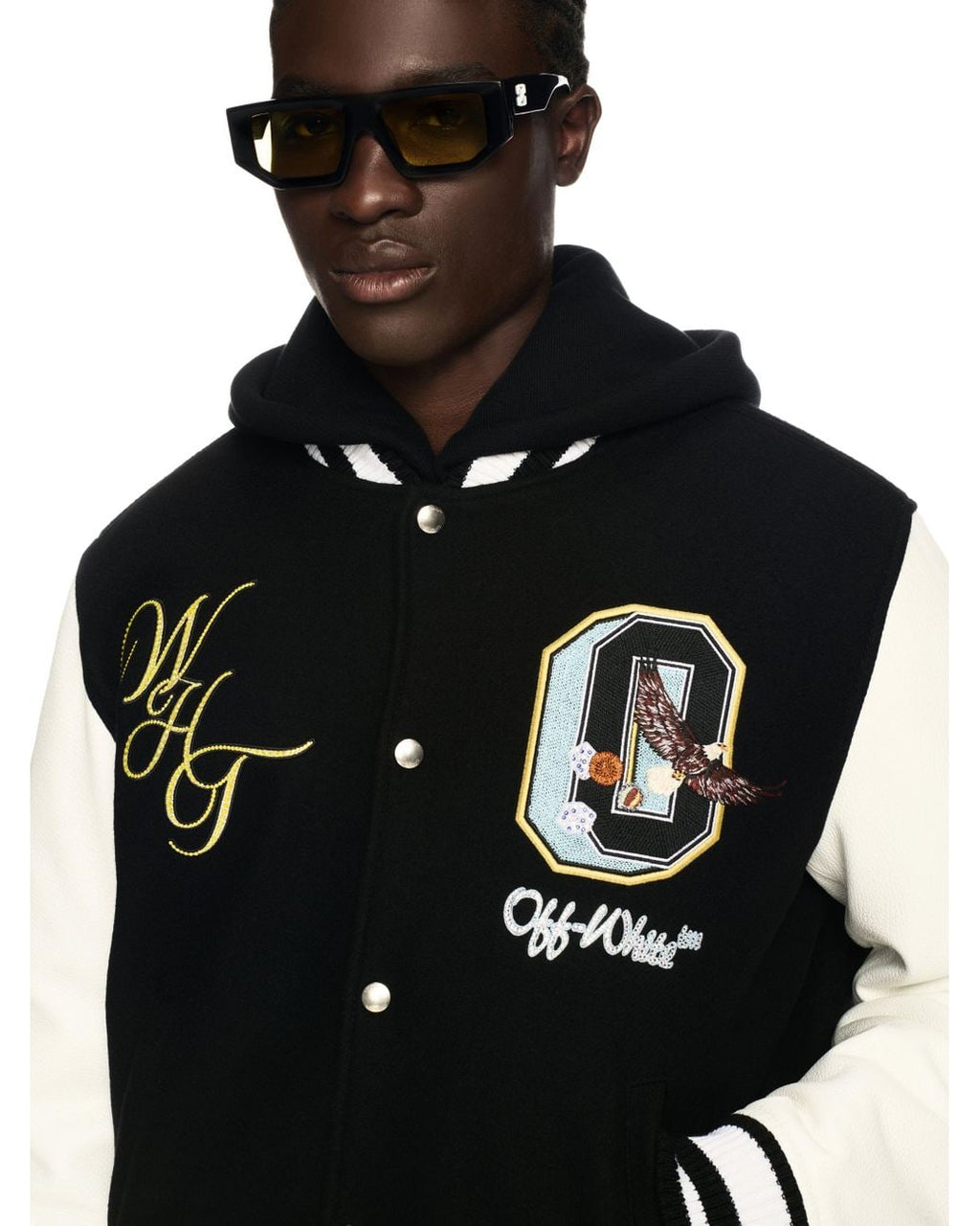 OFF WHITE LEATHER WOOL VARSITY CRYSTALS JACKET