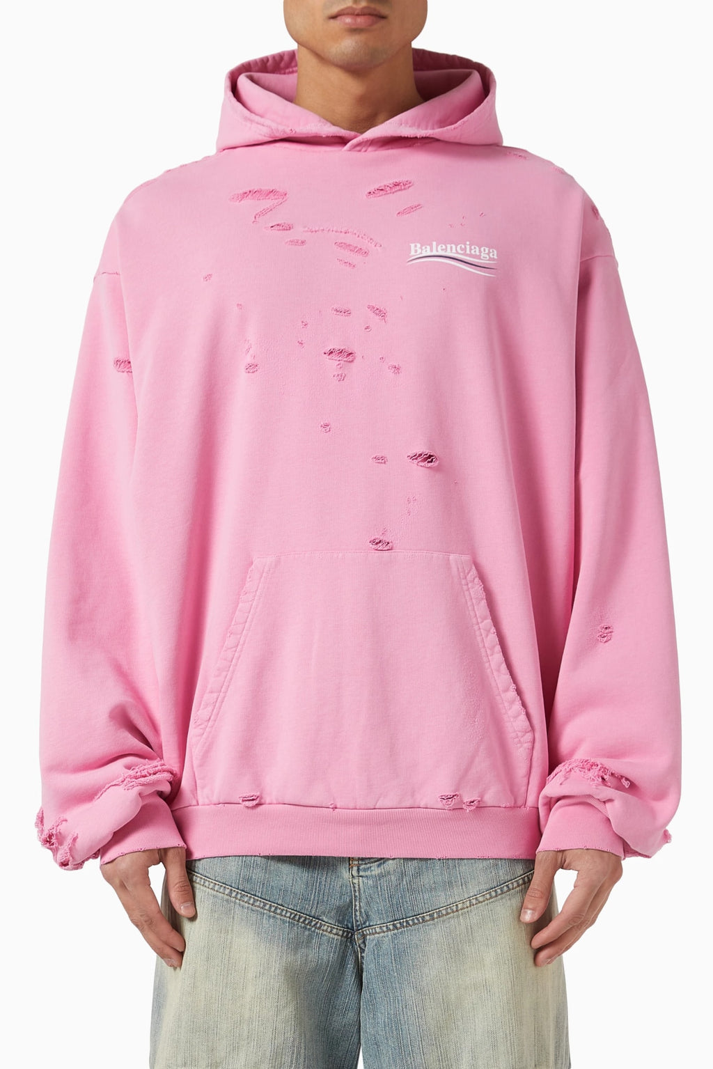 BALENCIAGA LAYERED POLITICAL CAMPAIGN DISTRESSED PINK HOODIE