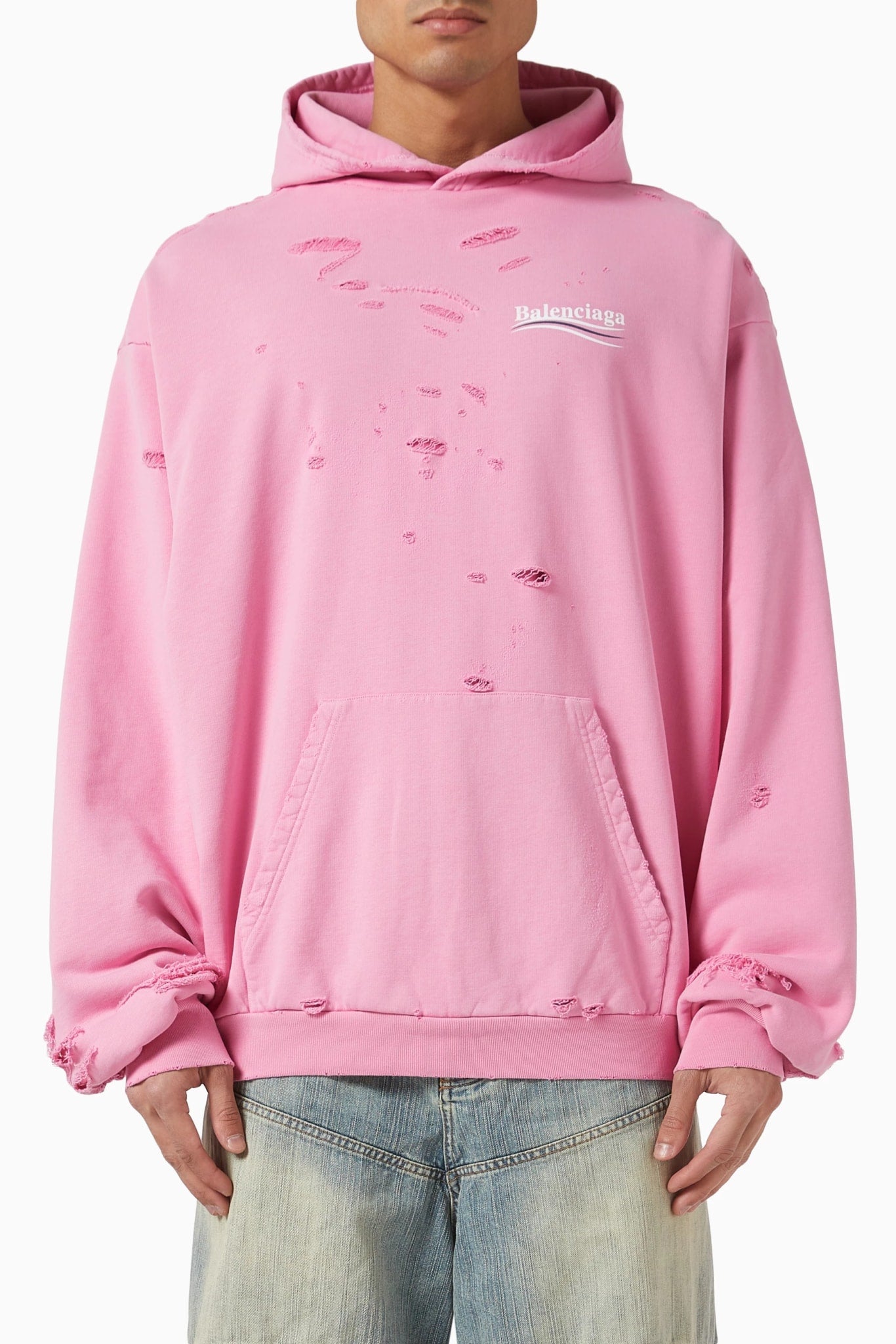BALENCIAGA LAYERED POLITICAL CAMPAIGN DISTRESSED PINK HOODIE
