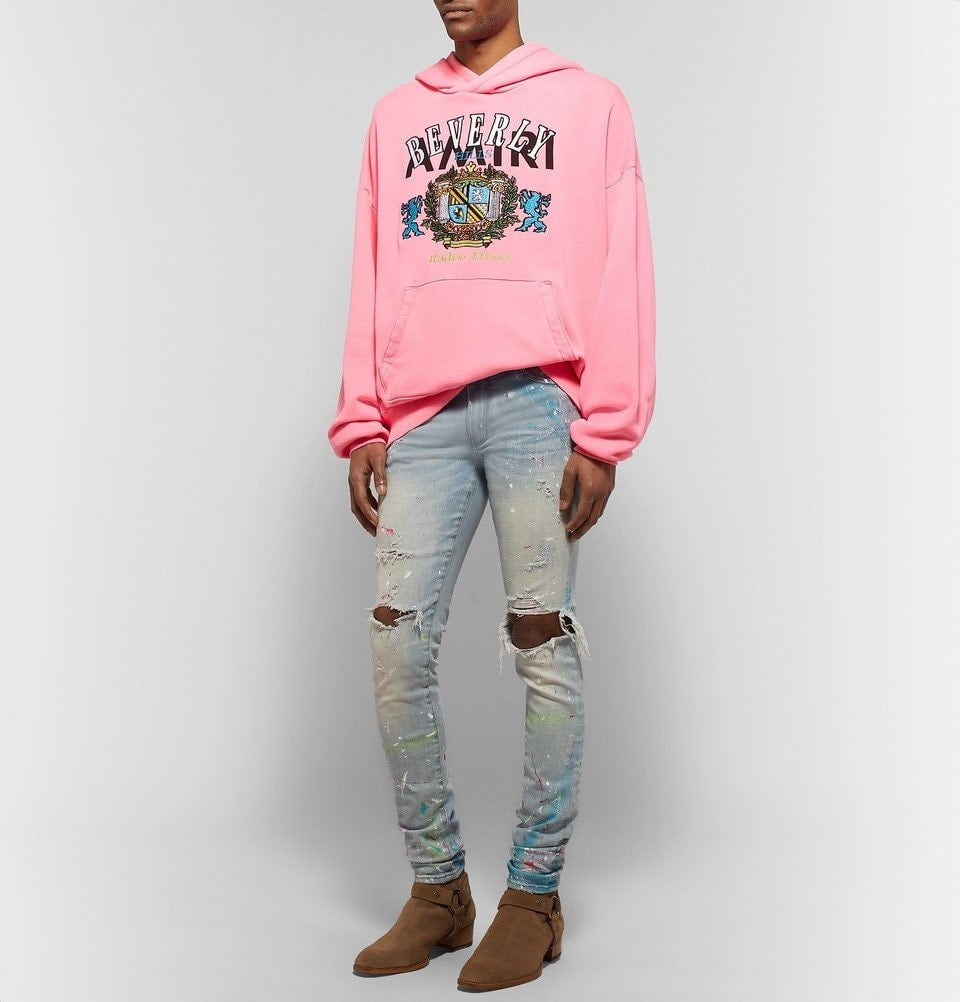 AMIRI INDIGO DISTRESSED PAIN SPLATTERED JEANS