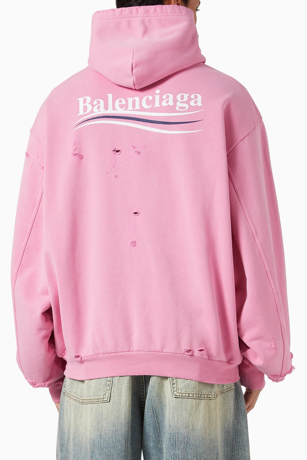 BALENCIAGA LAYERED POLITICAL CAMPAIGN DISTRESSED PINK HOODIE
