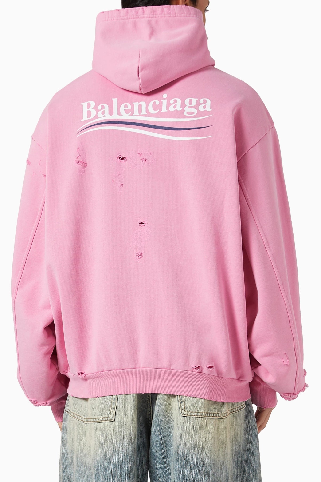 BALENCIAGA LAYERED POLITICAL CAMPAIGN DISTRESSED PINK HOODIE