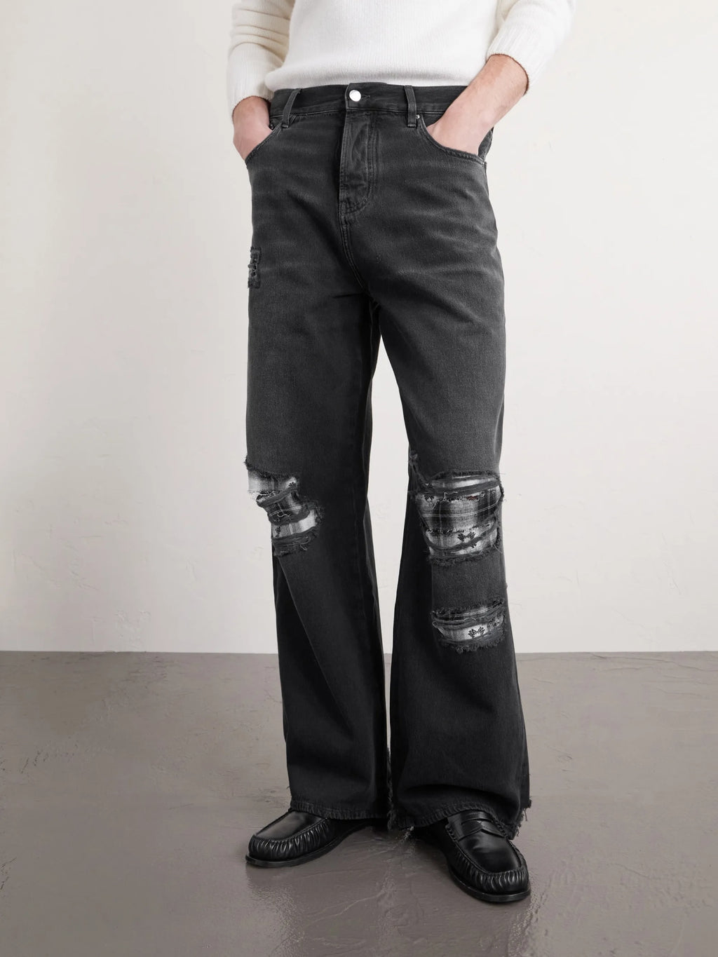 AMIRI DISTRESSED WIDE LEG FLANNELS JEANS