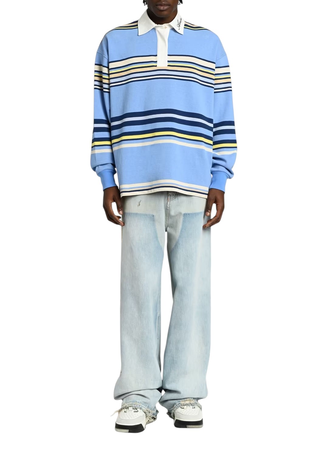 AMIRI MULTI STRIPE LONG SLEEVE POLO BLUE